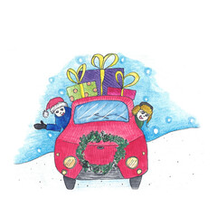 Red car winter holidays card