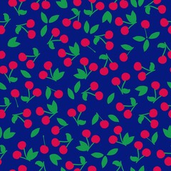 Simple cherry pattern . green background. ripe cherries. Vector texture. fashionable print for textiles and wallpaper.