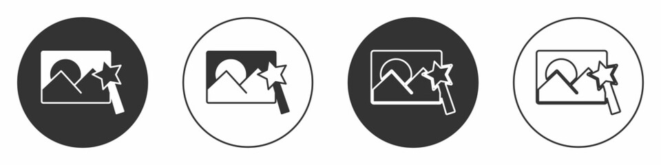 Black Photo retouching icon isolated on white background. Photographer, photography, retouch icon. Circle button. Vector