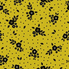 Beautiful vintage pattern. Black flowers and leaves, dots. Mustard background. Floral seamless background. An elegant template for fashionable prints.
