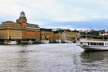 Stockholm Gamla Stan canal, boat and Stockholm harbor panorama, Stockholm, Sweden