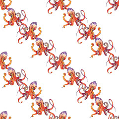 Seamless octopus pattern, watercolor, white background