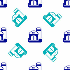 Blue Farm house icon isolated seamless pattern on white background. Vector