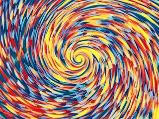 Fototapeta na wymiar creative spiraling design from patterned glass with bright yellow red and blue shades