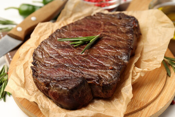 Concept of tasty food with beef steak, close up
