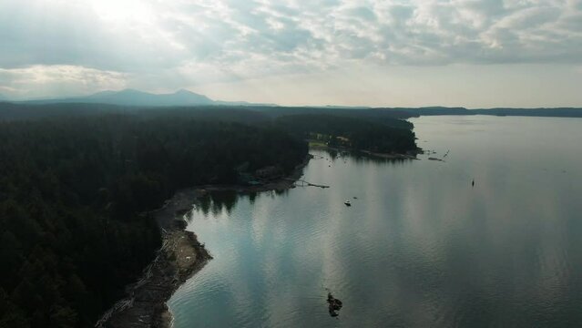 Aerial Drone Shot of Ladysmith Coastline on Vancouver Island, Canadian Coastline during Sunset