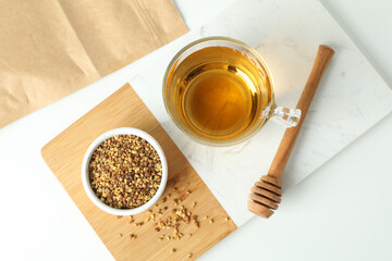 Concept of hot drink with buckwheat tea, top view