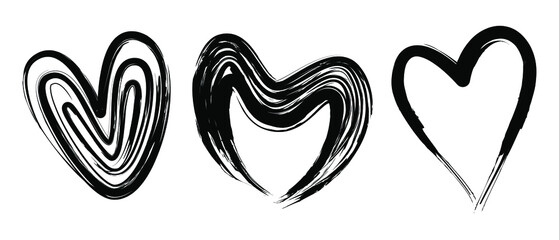 Three vector hearts in an abstract brush stroke design style on an isolated white background