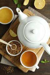 Obraz na płótnie Canvas Concept of hot drink with buckwheat tea, top view