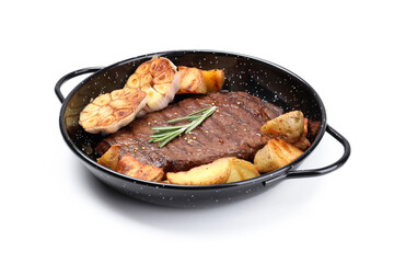 Pan with beef steak isolated on white background