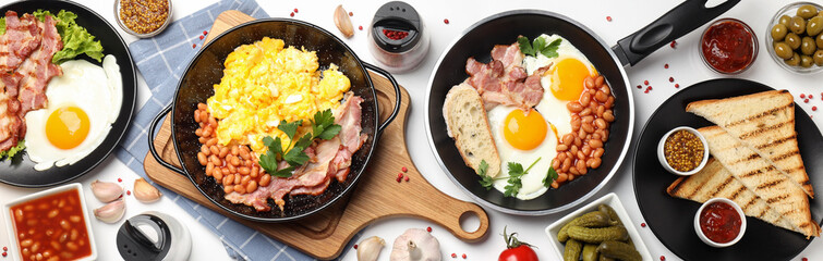 Concept of tasty breakfast on white background