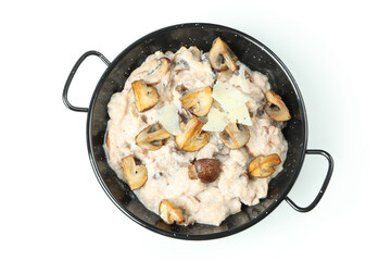 Plate with risotto with mushrooms isolated on white background