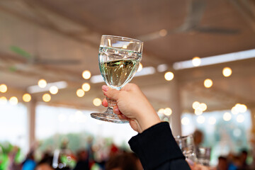 a glass with a drink in his hand raised up.
