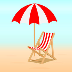 Summer. Red Recliners and Beach umbrella. Illustration