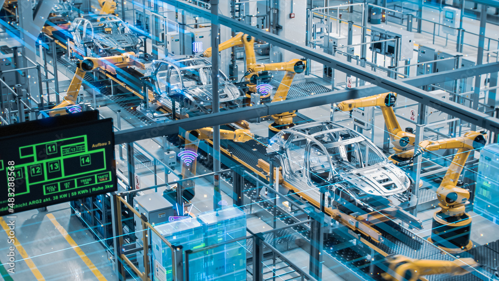 Aufkleber Car Factory Digitalization Industry 4.0 5G IOT Concept: Automated Robot Arm Assembly Line Manufacturing High-Tech Electric Vehicles. AI Computer Vision Analyzing, Scanning Production Efficiency