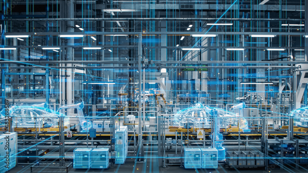 Leinwandbilder side-view car factory digitalization: automated robot arm assembly line manufacturing high-tech sust