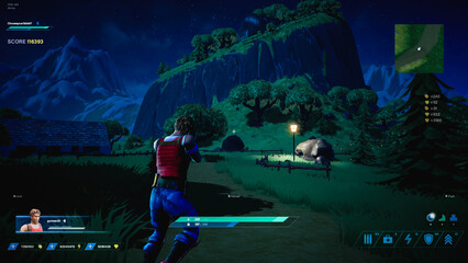 Shot of Night Video Game Mock-up Concept. Gameplay of 3D Third Person Shooter Online Multiplayer Battle Royale. Cartoon Style Fun Tactical Arcade with Running Character in a Countryside. © Gorodenkoff