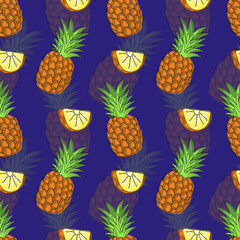 Pineapple seamless pattern. Tropical exotic summer pattern with hand drawn pineapples. Print for fabric, textiles, wrapping paper, web.Vector illustration