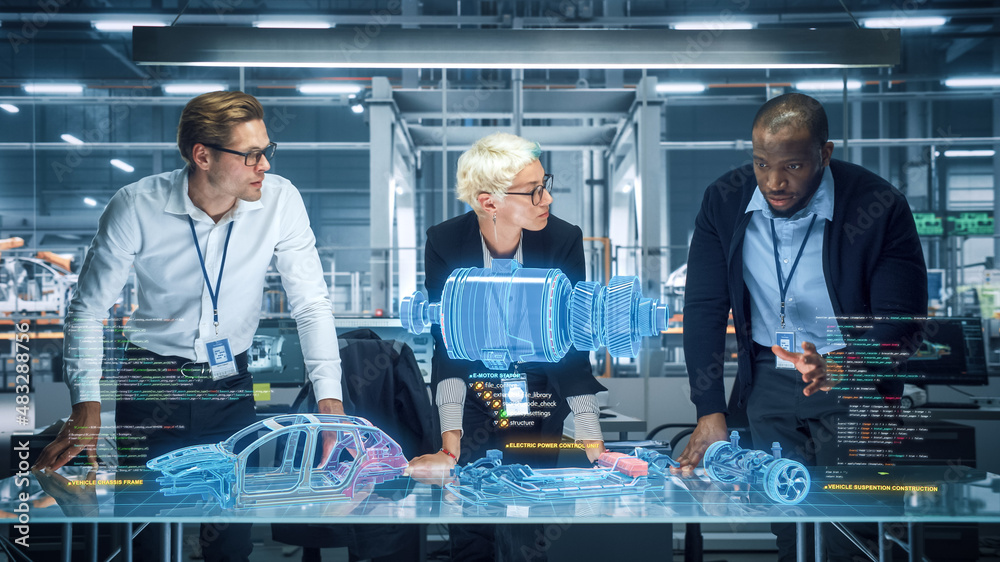 Poster green energy car design: diverse team of automotive enginers using augmented reality hologram to con