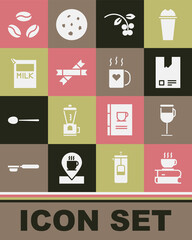 Set Coffee cup and book, Irish coffee, Bag beans, bean, branch, Sugar stick packets, Paper package for milk, and heart icon. Vector