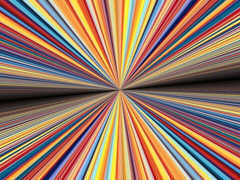 many bright colourful stripes towards a far distant vanishing point in shades of yellow blue and red