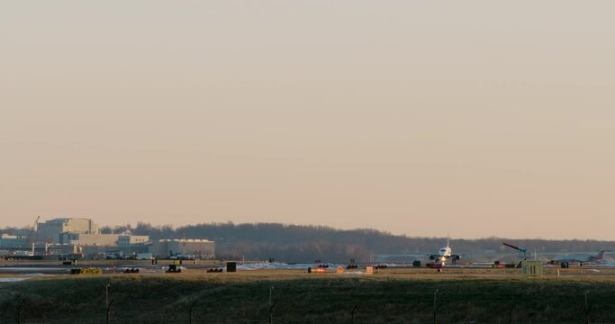 Wide shot Of Commercial Jet Taking Off At Washington D.C.&rsquo;s DCA Airport