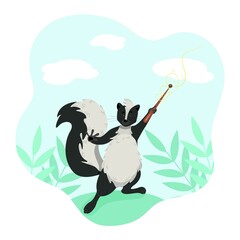 Cute funny skunk holding a magic wand, wild animals, vector character in cartoon style, clip art on a white background.