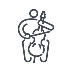 Vector cello line icon. Musical viola instrument with musician