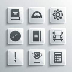 Set Award cup, Calculator, School Bus, Spiral notebook, Paint brush, Acute angle, Book and Atom icon. Vector