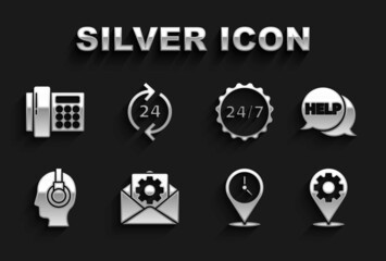 Set Envelope setting, Speech bubble with text Help, Location gear, clock, Support operator touch, Clock 24 hours, Telephone and support icon. Vector