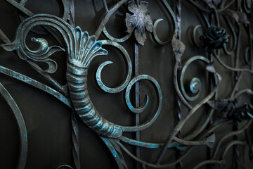 Decorative wrought iron elements of the metal gate with a blue tint
