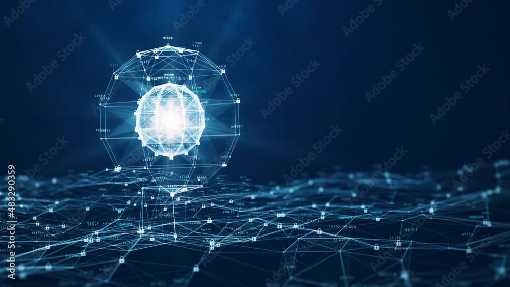 Poster cybersecurity and big data protection technology concept video. the prominent rotating sphere is on 