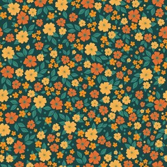 Vintage pattern. Small yellow and orange flowers, green leaves. Dark green background. Seamless vector template for design and fashion prints.
