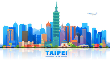 Naklejka premium Taipei ( Taiwan ) skyline with panorama in white background. Vector Illustration. Business travel and tourism concept with modern buildings. Image for presentation, banner, website.