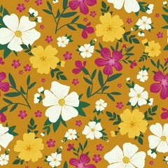 Vintage pattern. white, yellow and fuchsia flowers, green leaves. mustard background. Seamless vector template for design and fashion prints.