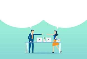 Business people with long conference, communicate with each other, speech bubble, question mark, exclamation point