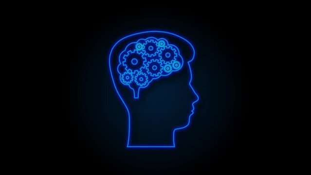 Neon icon with silhouette man head gears. Mental health concept. Business concept. Motion Graphic