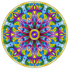 Illustration in the style of stained glass with abstract patterns and flowers, round image in a frame