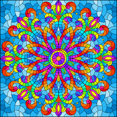 Illustration in the style of stained glass with abstract patterns and flowers, square image 