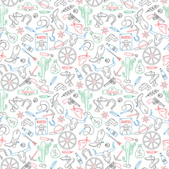 Seamless pattern on the theme of the wild West, contour icons, painted with colored markers on white background