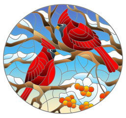An illustration in the style of a stained glass window with bright cardinal birds on snow-covered tree branches, oval image