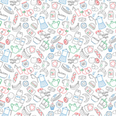 Seamless pattern on theme of food and breakfast , simple contour icons,painted with colored markers on white background