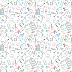 Seamless background on the topic of pet care, pet shop, simple contour icons,  simple colored contour icons on white background