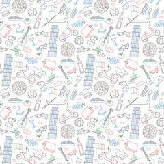 Seamless pattern on the theme of journey in the country of Italy, simple contour icons on white background drawn with colored markers