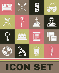 Set Medieval sword, Decree, parchment, scroll, knight, Quiver with arrows, axe, Crossed medieval, Antique treasure chest and Sword in the stone icon. Vector