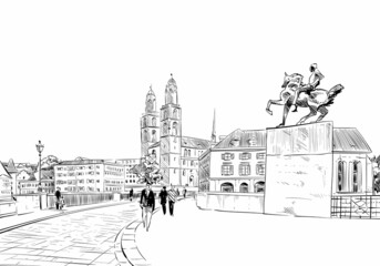 Zurich. Switzerland. Europe. Grossmunster Church. Hand drawn vector illustration. - obrazy, fototapety, plakaty