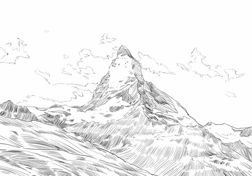 Mountain Matterhorn. Symbol of Switzerland. Europe. Beautiful landscape. Hand drawn sketch vector illustration
