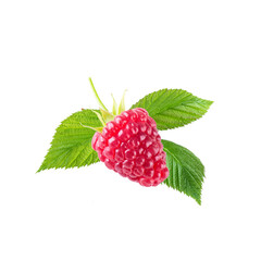 Raspberry with green leaves isolated on a white background.