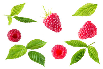 Set of raspberries and green leaves isolated on a white background.