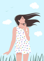 A fashion portrait of a romantic whimsical woman with long dark hair and her eyes closed, wearing short polka dots dress and walking in the tall grass. Vector flat minimalist illustration.